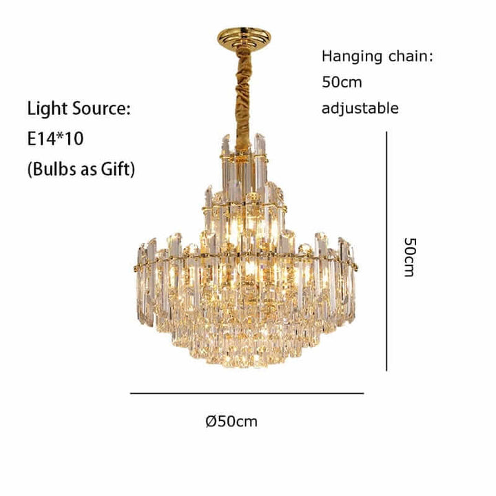 Elegant gold-plated foyer chandelier with crystal accents, adjustable hanging chain, and customizable LED lighting.