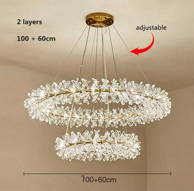 Adjustable LED chandelier with 2 layers, 100cm and 60cm, featuring intricate crystal design for elegant lighting.