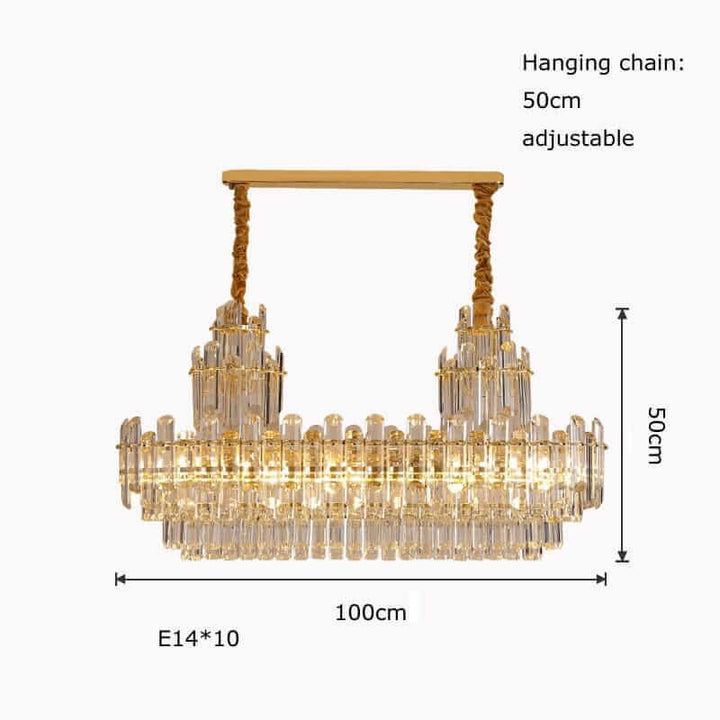 Elegant foyer chandelier with gold-plated brass and crystal design, adjustable hanging chain, 100cm width, 50cm height.
