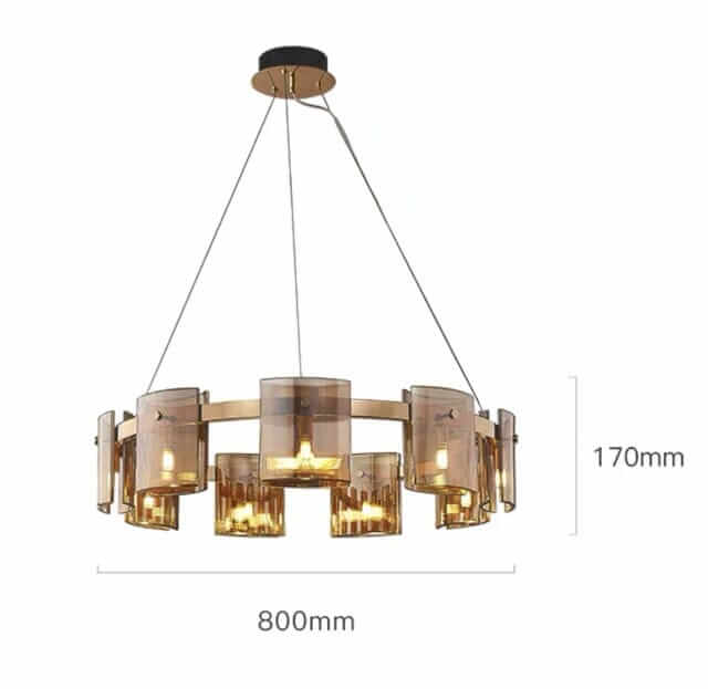 LED chandelier featuring a sleek design with glass shades, offering warm illumination; dimensions 800mm x 170mm.