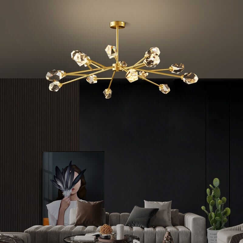Elegant Sputnik chandelier with gold finish and crystal accents, illuminating a modern living space.