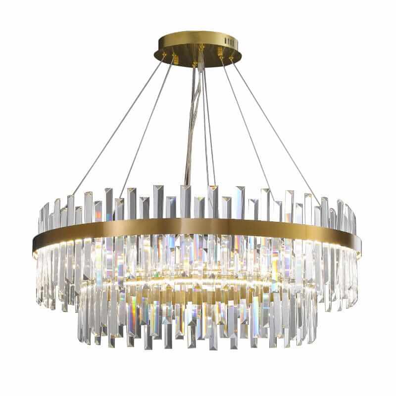 Foyer chandelier showcasing traditional craftsmanship with modern design, featuring dual tiers of crystal and gold accents.