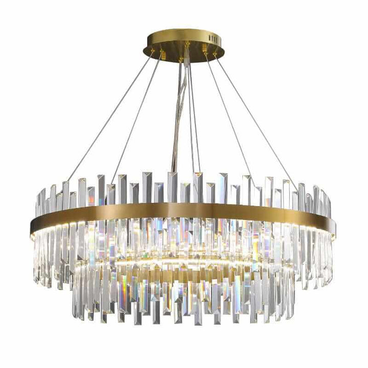 Foyer chandelier showcasing traditional craftsmanship with modern design, featuring dual tiers of crystal and gold accents.