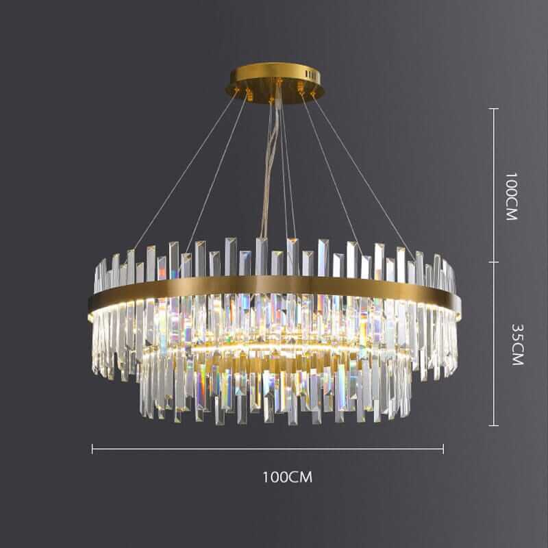 Elegant dual-tiered foyer chandelier with crystal accents and gold finish, measuring 100cm in diameter and 35cm in height.