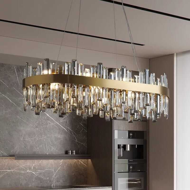 Gold crystal chandelier with multiple arms, designed for luxury and elegance in modern home decor.