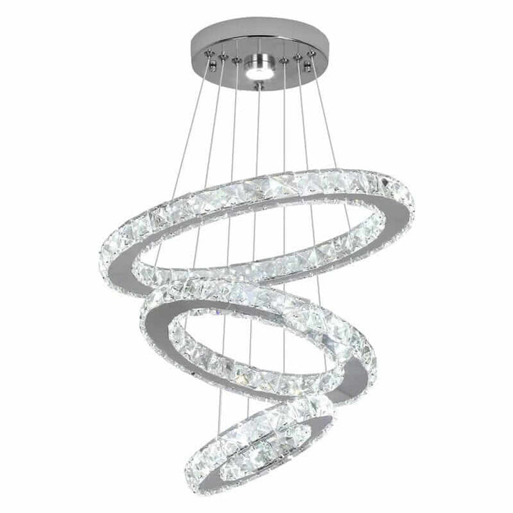 Modern entryway chandelier featuring a spiral design with sparkling crystal accents and sleek chrome finish.