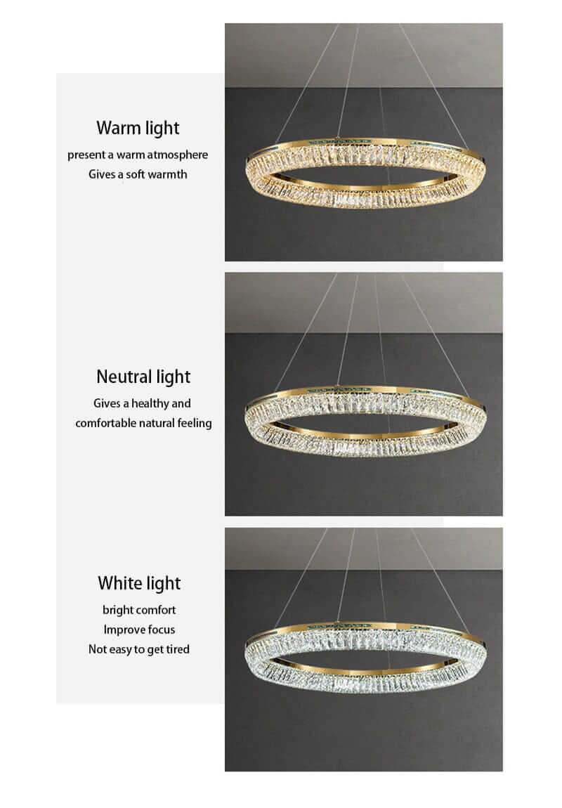 Comparison of Foyer Chandelier light settings: warm, neutral, and white light, illustrating their atmospheric effects.