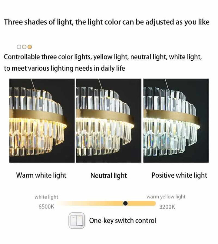 Foyer chandelier with three adjustable light shades: warm white, neutral, and positive white light.