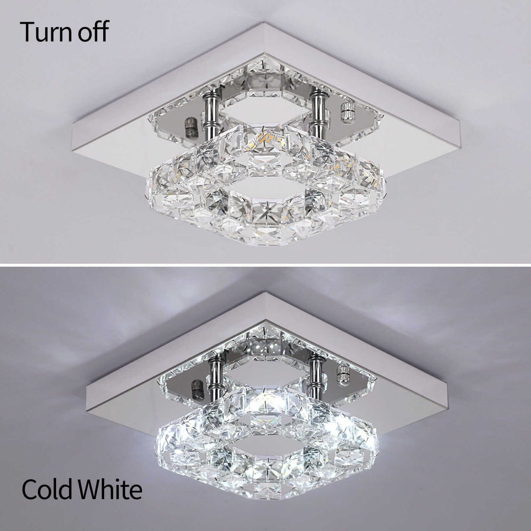 Small crystal chandelier showcasing off and cold white lighting modes, highlighting its elegant design.