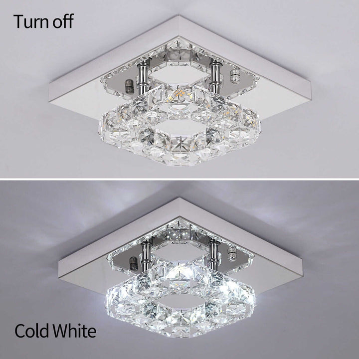 Small crystal chandelier showcasing off and cold white lighting modes, highlighting its elegant design.