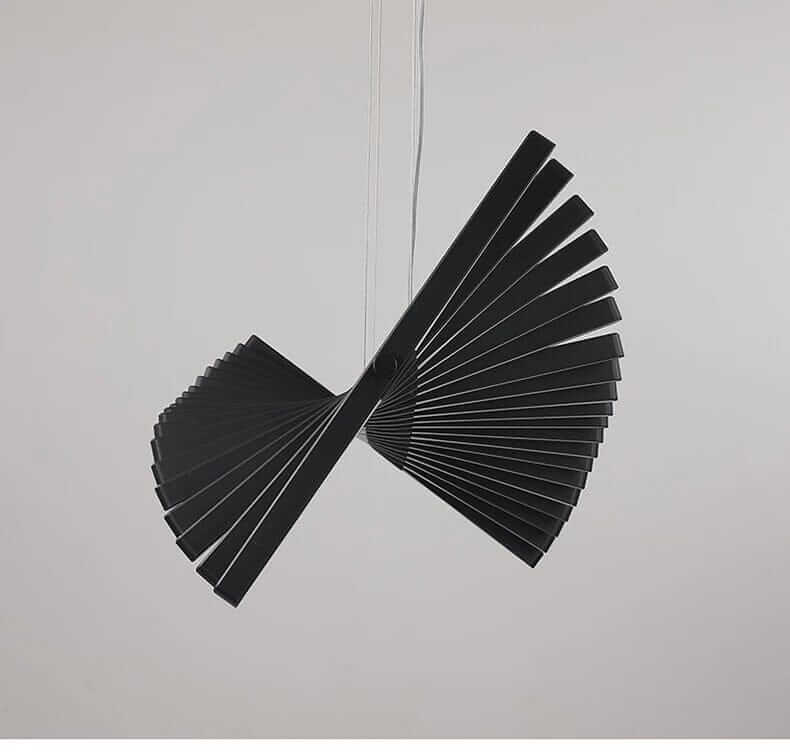 Modern black chandelier resembling fishbone design with sleek geometric lines and LED lighting.