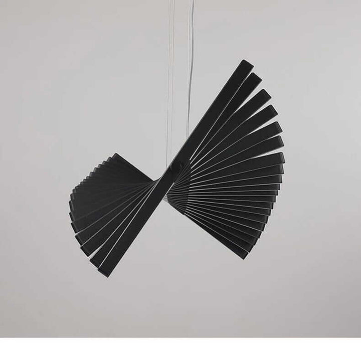 Modern black chandelier resembling fishbone design with sleek geometric lines and LED lighting.