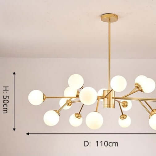Bubble chandelier with gold frame and white glass bubbles, dimensions 110cm width by 50cm height, showcasing timeless elegance.