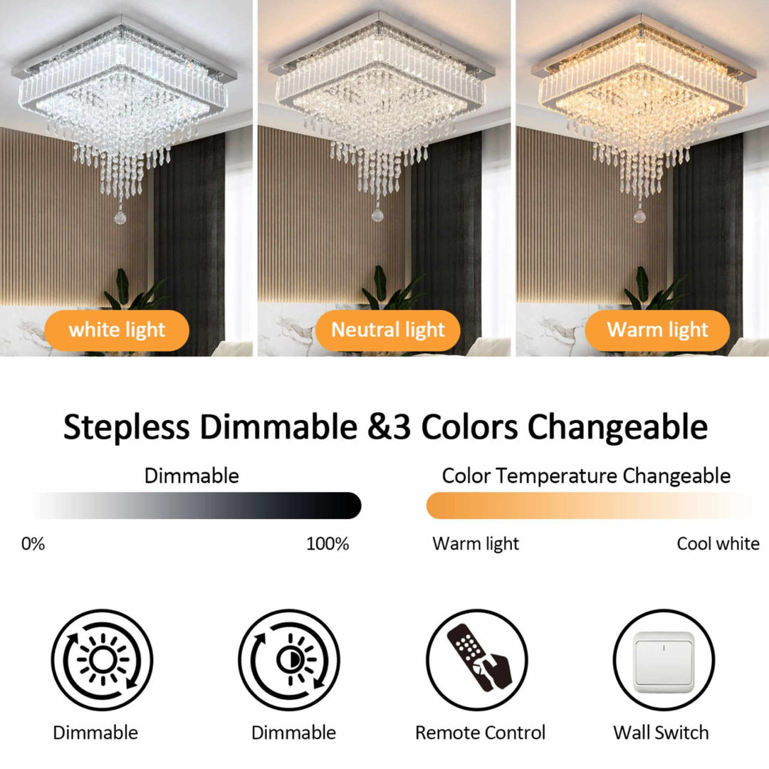 Freddie Square Crystal Ceiling Chandelier showcasing stepless dimming and three color temperature options: warm, neutral, and cool light.