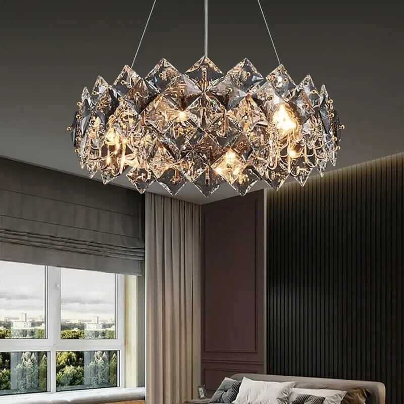 Elegant round chandelier with crystal elements, reflecting light, perfect for adding sophistication to any living space.