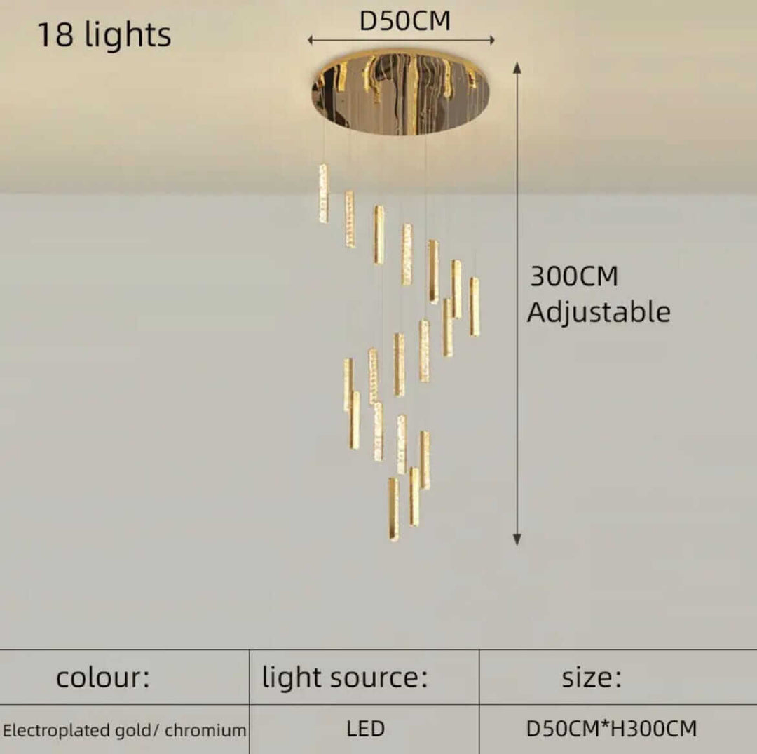 Modern LED chandelier with 18 adjustable lights, gold finish, 50cm diameter, perfect for stylish staircases.