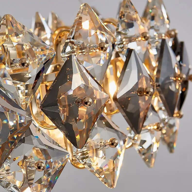 Elegant round chandelier showcasing crystal elements reflecting light in a dazzling display.