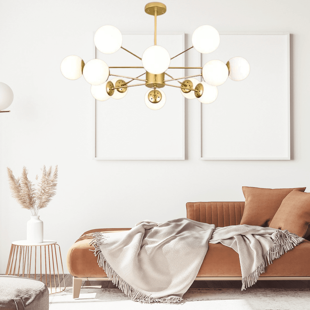 Bubble Sputnik Chandelier illuminating a cozy living room with modern decor and a brown sofa.