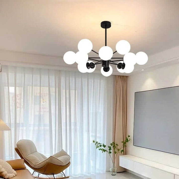 Bubble Sputnik Chandelier in stylish living room, featuring elegant design and soft ambient lighting.