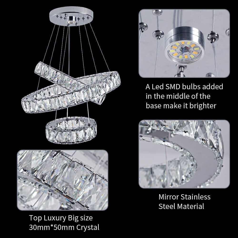 Entryway chandelier featuring crystal design, LED bulbs, and mirror stainless steel, offering elegant home décor.