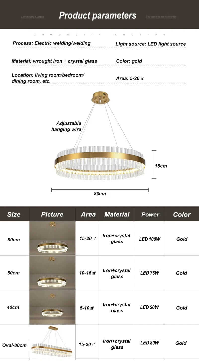 Product parameters for Gold Crystal Chandelier, detailing size, area, material, and adjustable features.