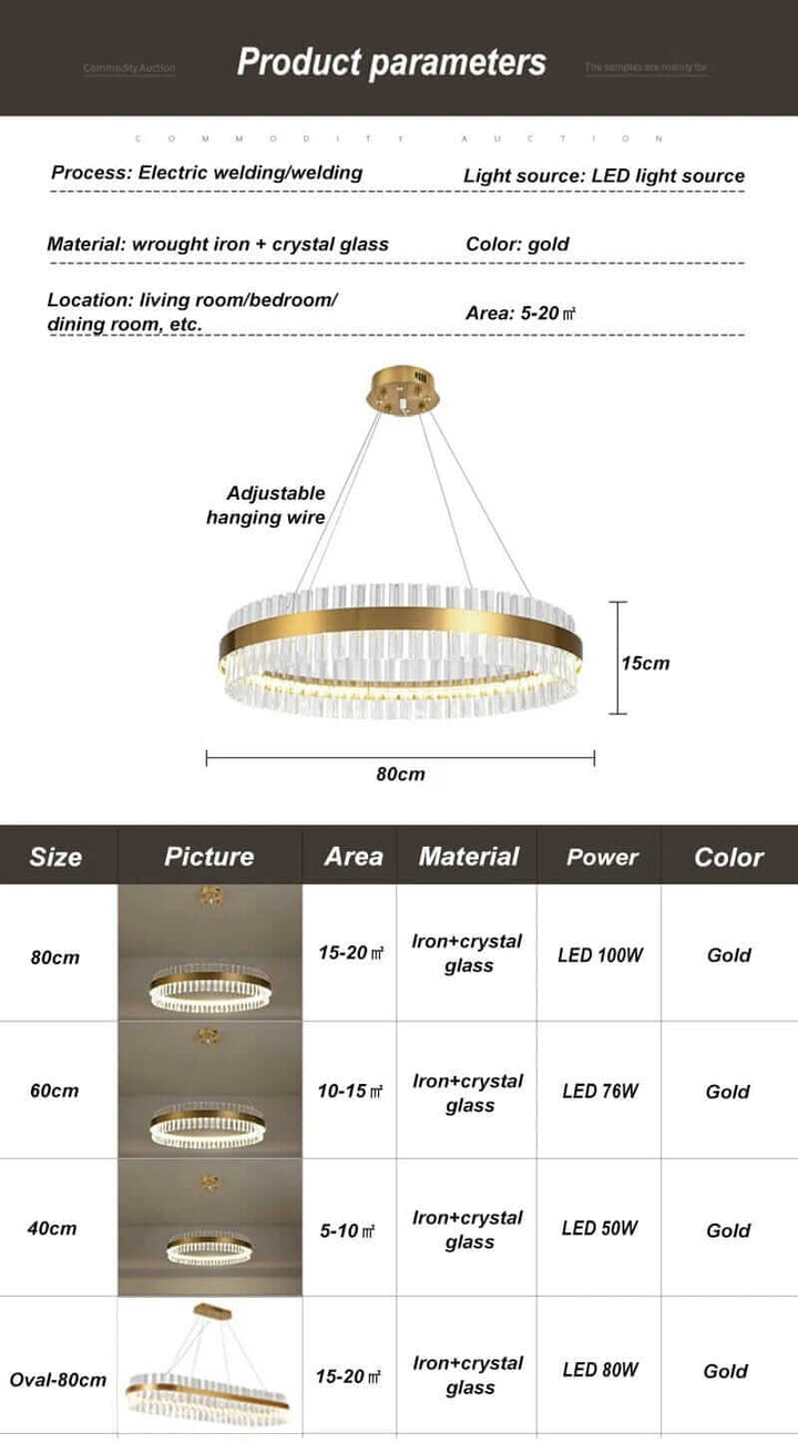 Product parameters for Gold Crystal Chandelier, detailing size, area, material, and adjustable features.