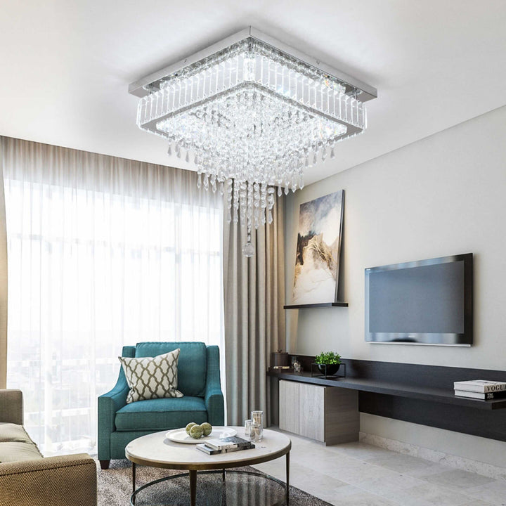Stylish foyer chandelier with crystals in an elegant living room setting, enhancing sophistication and charm.
