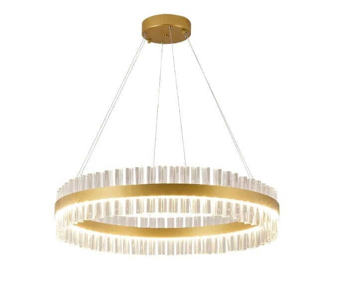 Gold crystal chandelier with a sleek design, illuminated for a glamorous touch of elegance in any space.