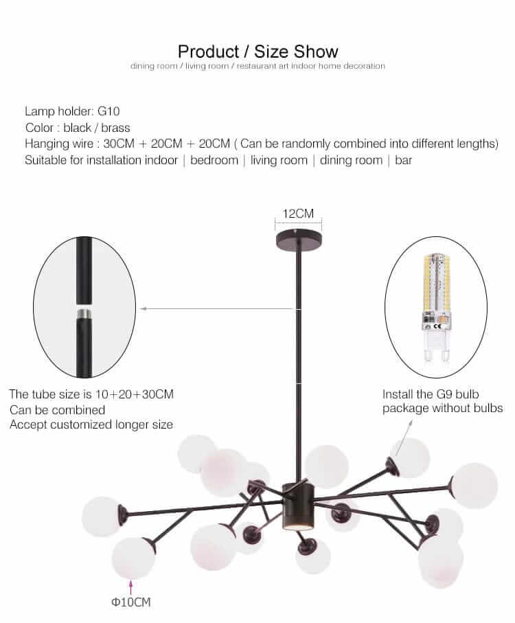 Specifications of a black and brass bubble chandelier showing dimensions and installation suitability for various rooms.
