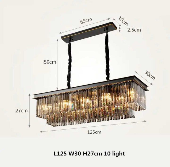 Black chandelier with dimensions L125 W30 H27cm, featuring 10 light sources for a stunning ambiance.