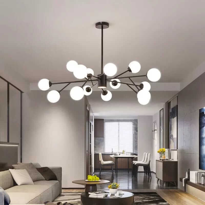 Modern bubble chandelier illuminating a stylish living room, showcasing elegance and contemporary design.