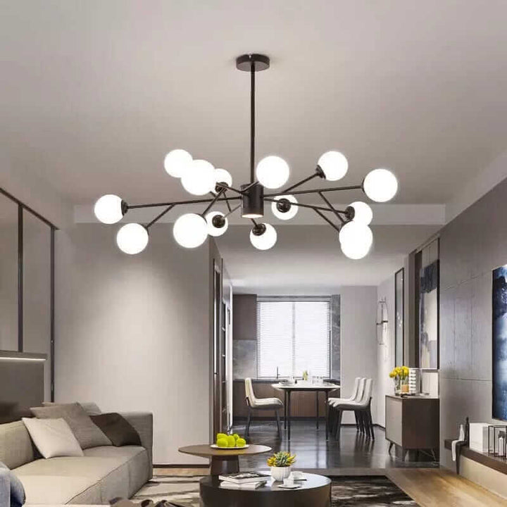 Modern bubble chandelier illuminating a stylish living room, showcasing elegance and contemporary design.