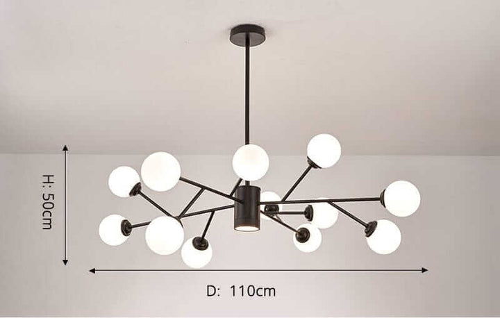 Elegant Bubble Chandelier with white glass orbs and black metal frame, dimensions H: 50cm, D: 110cm.