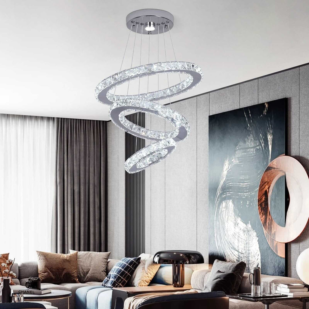 Stylish entryway chandelier with three rings, brightened living room, enhancing modern home decor.