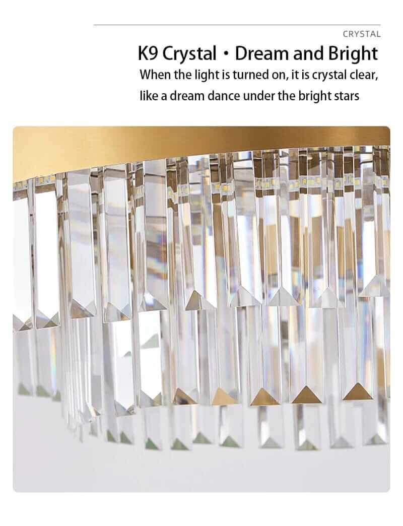 K9 crystal chandelier showcasing brilliant clarity and modern design, casting light and shadows beautifully.