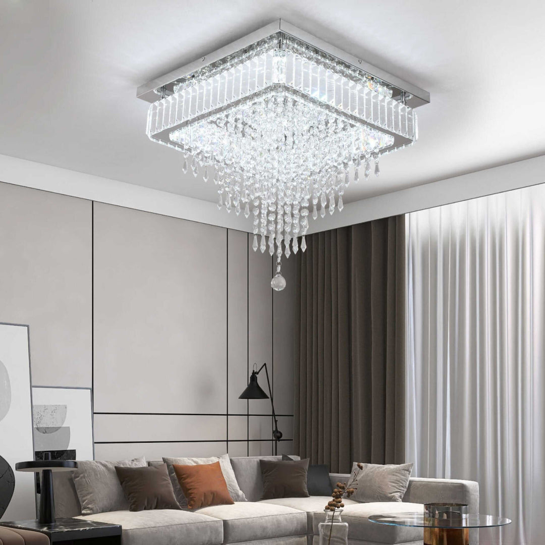 Freddie Square Crystal Ceiling Chandelier illuminating a modern living room with elegant decor.