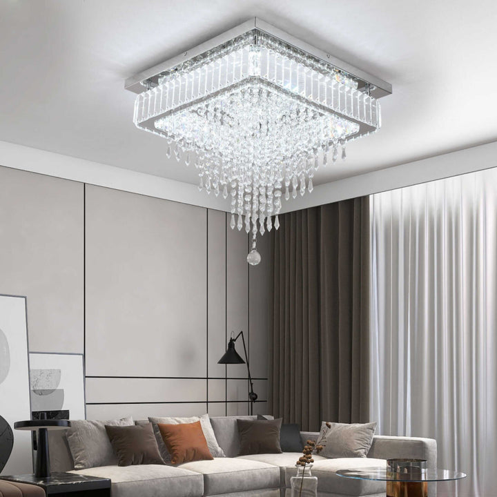Freddie Square Crystal Ceiling Chandelier illuminating a modern living room with elegant decor.