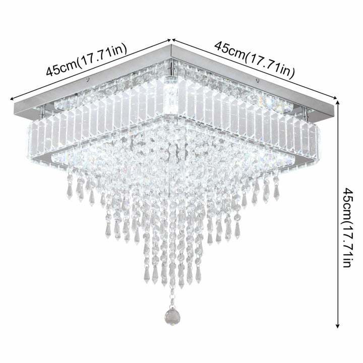 Square crystal ceiling chandelier with elegant design, featuring hanging crystals and bright LED lights, 45cm size.