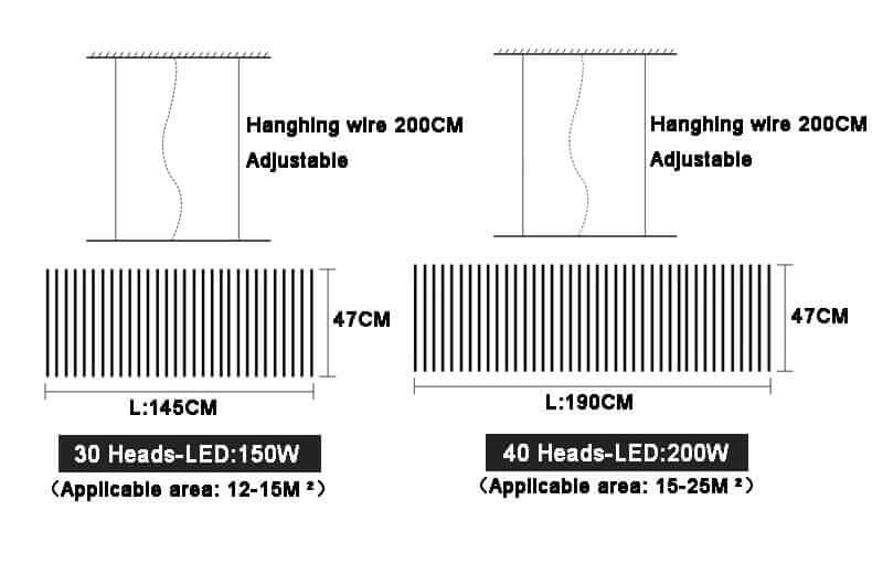 Diagram comparing adjustable hanging wire lengths for two black chandelier models with LED specifications.