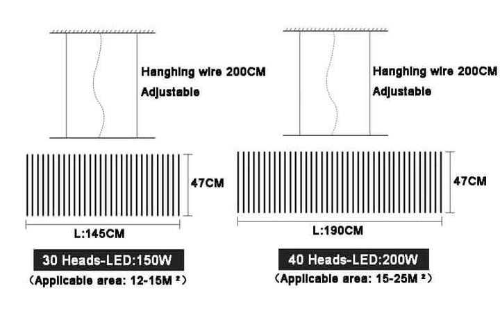 Diagram comparing adjustable hanging wire lengths for two black chandelier models with LED specifications.