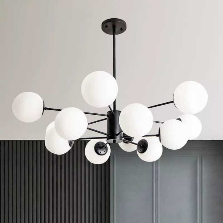 Bubble Sputnik Chandelier with white glass bubbles in a sleek black metal frame, enhancing modern home decor.