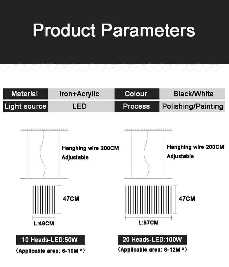 Black chandelier product parameters with LED details, adjustable hanging wires, and size specifications.