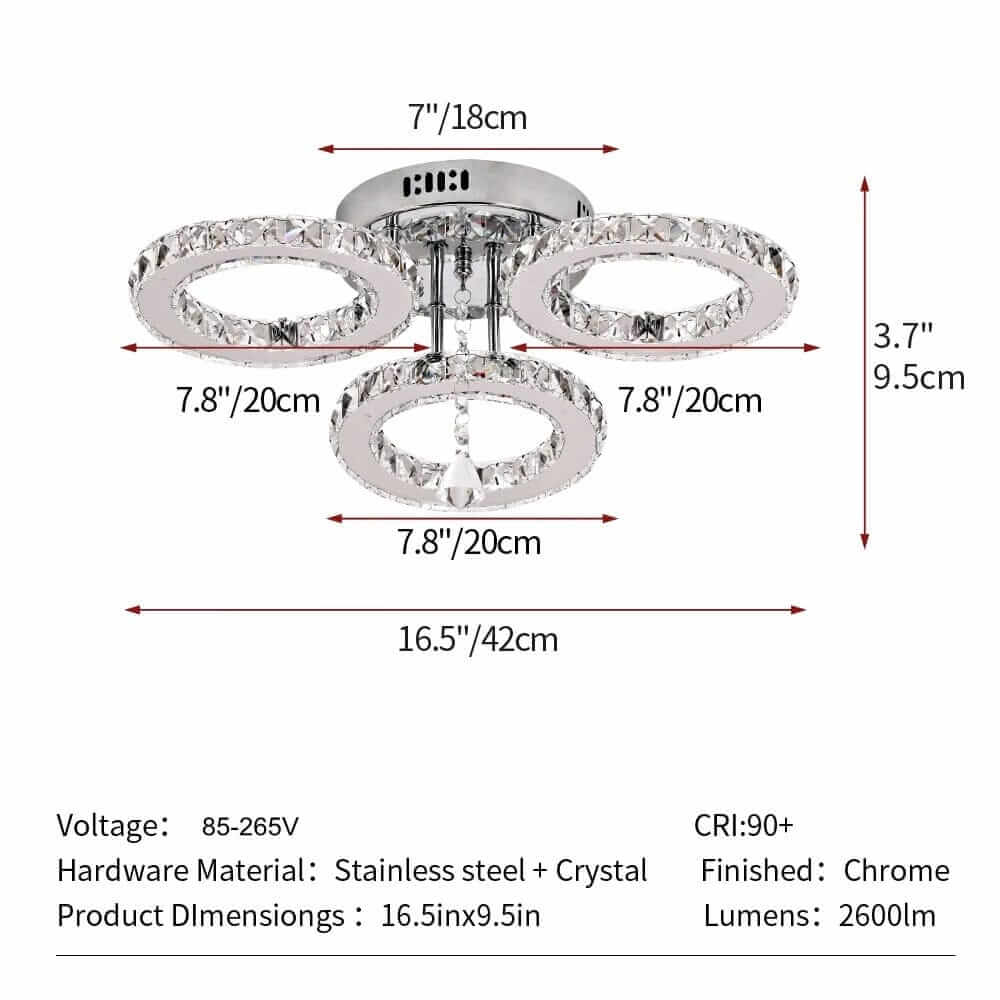 Small crystal chandelier with three circular tiers and chrome finish, dimensions 16.5x9.5 inches, adds glamour to home decor.