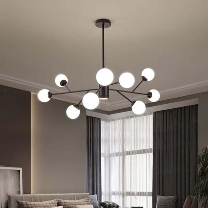 Modern bubble chandelier in a stylish bedroom, showcasing elegant design and soft lighting.