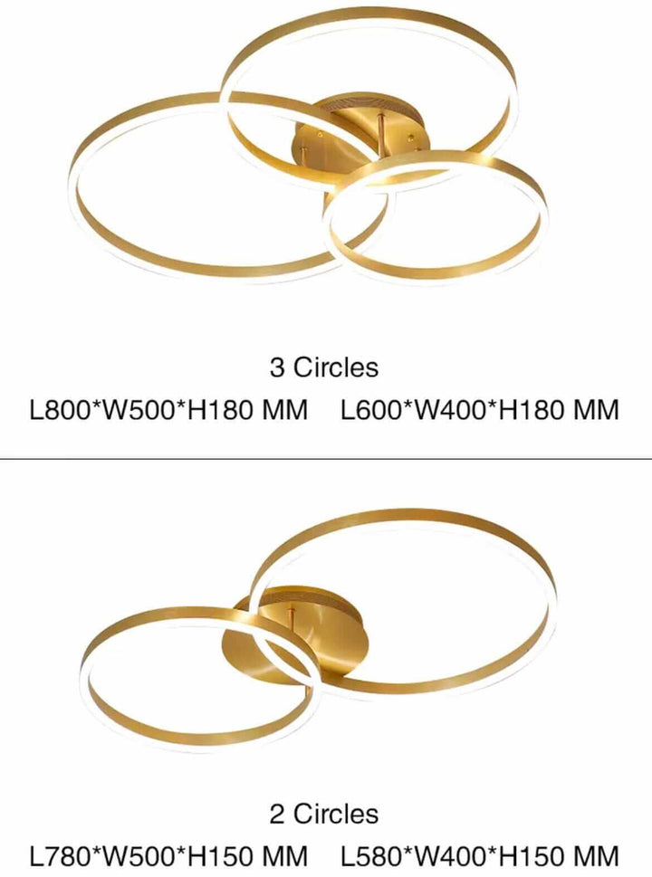 LED chandelier showcasing two and three circle designs in gold finish, highlighting dimensions and elegant details.
