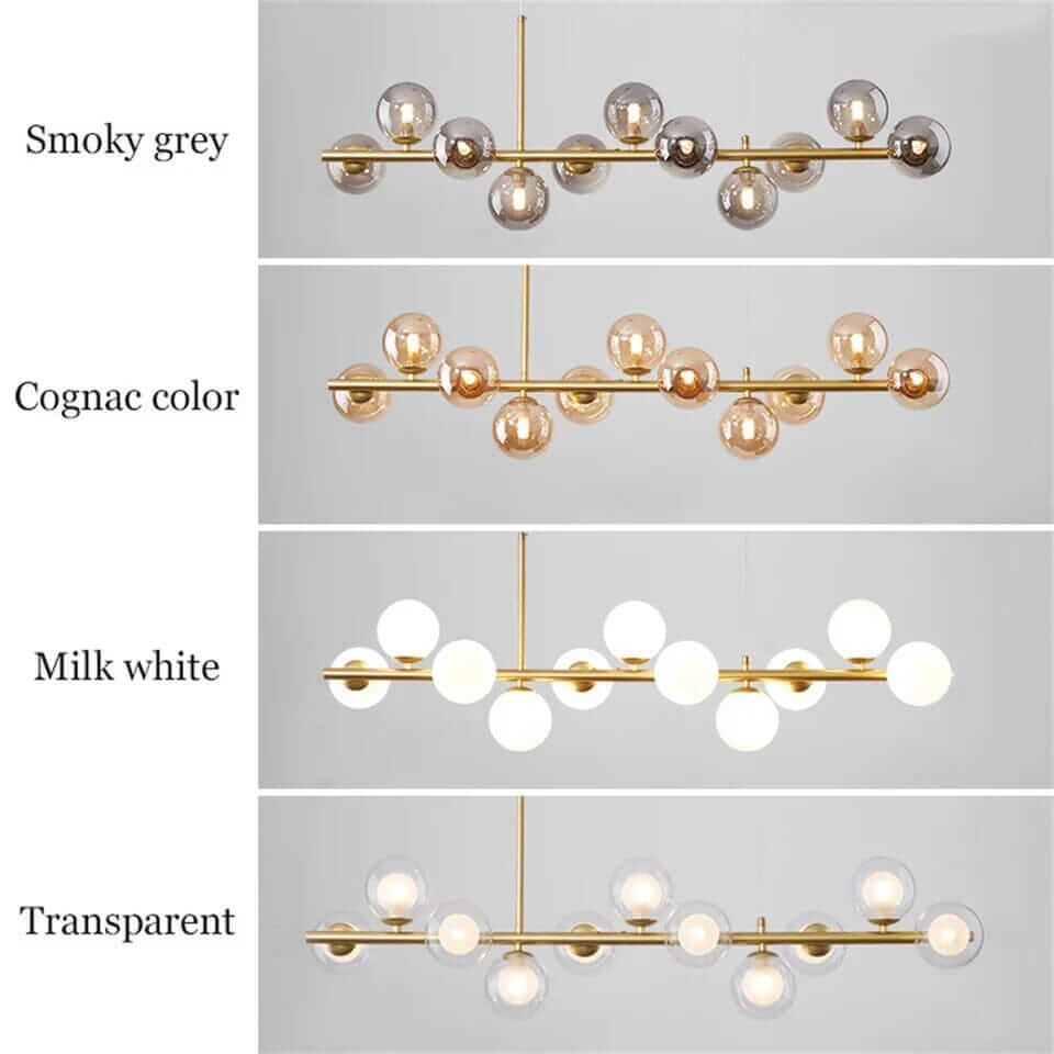 Bubble Chandelier in various colors: Smoky Grey, Cognac, Milk White, and Transparent options.