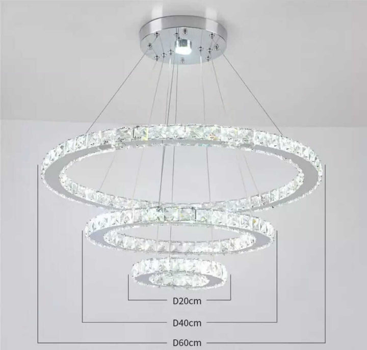 Modern entryway chandelier with three adjustable rings in sparkling crystal design, perfect for elegant home décor.