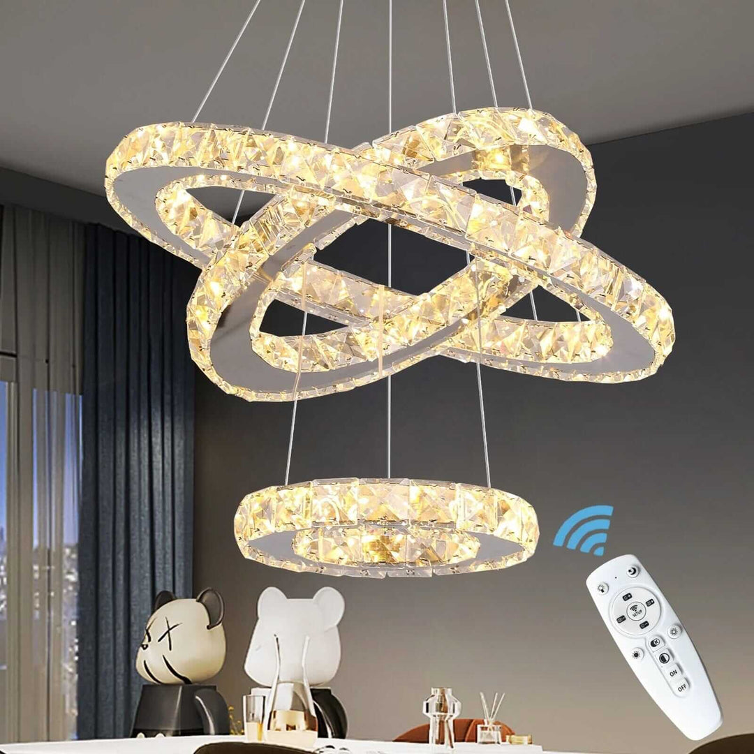 Modern entryway chandelier with adjustable rings and remote control, adding elegance and warmth to any home décor.