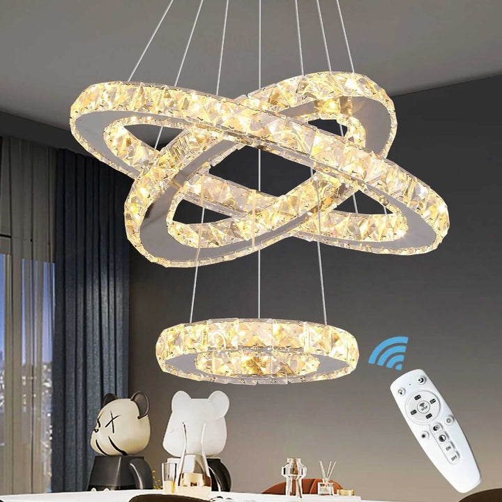 Modern entryway chandelier with adjustable rings and remote control, adding elegance and warmth to any home décor.