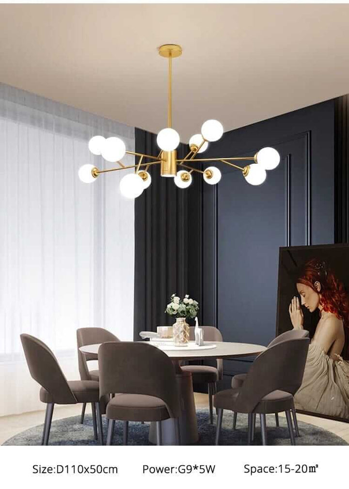 Bubble chandelier with metal frame and glass bubbles illuminating a modern dining area.